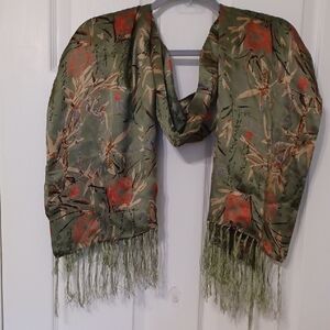 100% Silk Olive Green Floral Scarf with Fringe. Bamboo Print